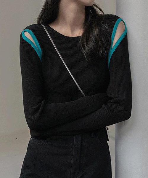 c.u.l(シーユーエル)の「配色デザイン リブカットソー culw374(Tシャツ/カットソー・レディース・グリーン/ホワイト/ブラック・FREE)」の4枚目の写真