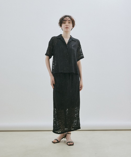 【新品】  ADAM ET ROPÉ / アダムエロペ | シアージャガード 開襟シャツ | F | ブラック | レディース SALON adam et rope'（サロン アダム エ ロペ）の
