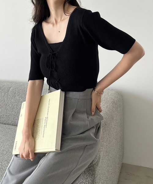 one after another NICE CLAUP（ワンアフターアナザーナイスクラップ）の「カップ付きビスチェセット/前後2wayカーディガン（アンサンブル・レディース・杢グレー/オフホワイト/ブラック/ピンク・FREE）」の10枚目の写真