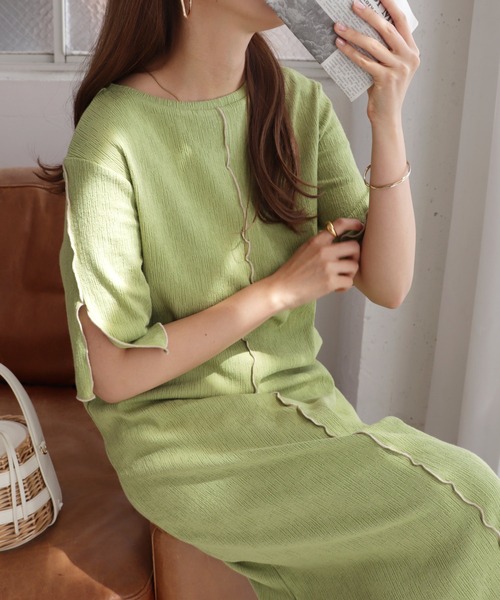 andme(アンドミー)の「楊柳配色メロー半袖ワンピース(ワンピース・レディース・ブラック/ベージュ/キナリ/ブルー/ライム・FREE)」の5枚目の写真