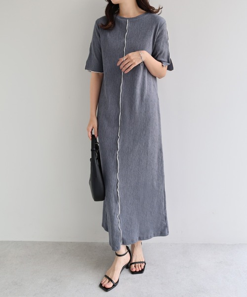 セール】楊柳配色メロー半袖ワンピース（ワンピース）｜andme