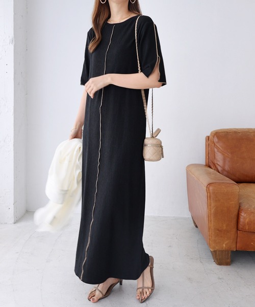 andme(アンドミー)の「楊柳配色メロー半袖ワンピース(ワンピース・レディース・ブラック/ベージュ/キナリ/ブルー/ライム・FREE)」の3枚目の写真