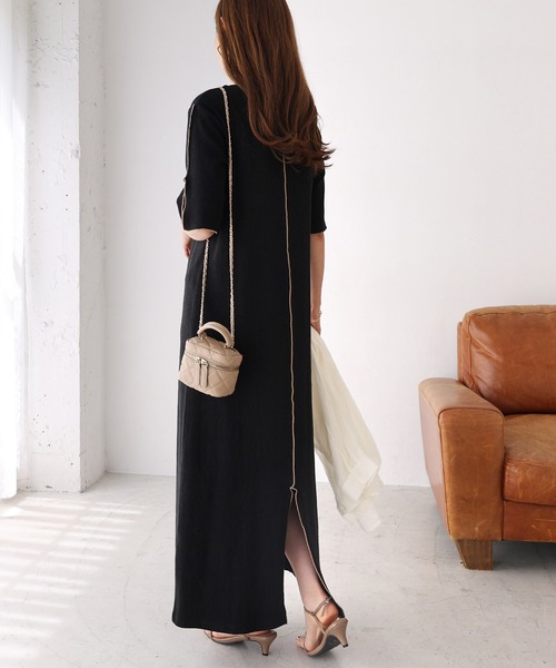 andme(アンドミー)の「楊柳配色メロー半袖ワンピース(ワンピース・レディース・ブラック/ベージュ/キナリ/ブルー/ライム・FREE)」の8枚目の写真