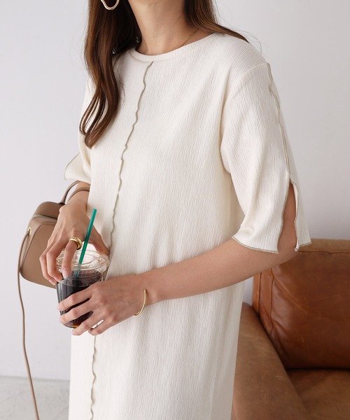 andme(アンドミー)の「楊柳配色メロー半袖ワンピース(ワンピース・レディース・ブラック/ベージュ/キナリ/ブルー/ライム・FREE)」の7枚目の写真