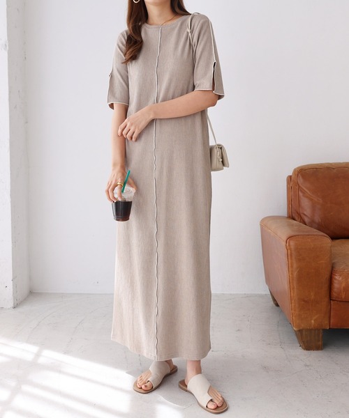 andme(アンドミー)の「楊柳配色メロー半袖ワンピース(ワンピース・レディース・ブラック/ベージュ/キナリ/ブルー/ライム・FREE)」の11枚目の写真