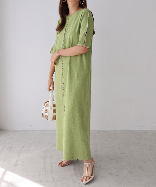 andme(アンドミー)の「楊柳配色メロー半袖ワンピース(ワンピース・レディース・ブラック/ベージュ/キナリ/ブルー/ライム・FREE)」の13枚目の写真