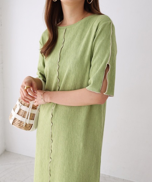 andme(アンドミー)の「楊柳配色メロー半袖ワンピース(ワンピース・レディース・ブラック/ベージュ/キナリ/ブルー/ライム・FREE)」の14枚目の写真