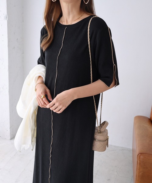 andme(アンドミー)の「楊柳配色メロー半袖ワンピース(ワンピース・レディース・ブラック/ベージュ/キナリ/ブルー/ライム・FREE)」の9枚目の写真