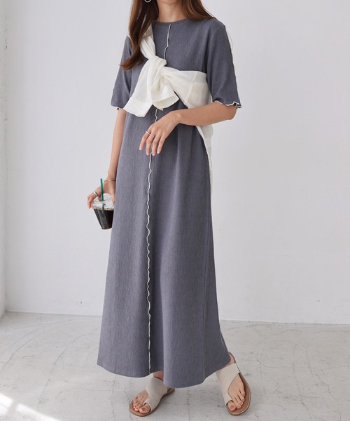 andme(アンドミー)の「楊柳配色メロー半袖ワンピース(ワンピース・レディース・ブラック/ベージュ/キナリ/ブルー/ライム・FREE)」の15枚目の写真