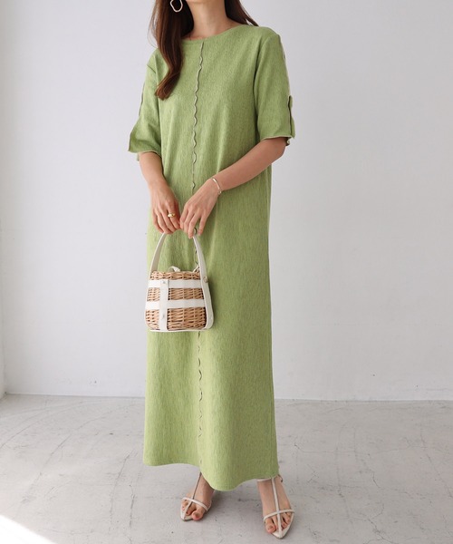 andme(アンドミー)の「楊柳配色メロー半袖ワンピース(ワンピース・レディース・ブラック/ベージュ/キナリ/ブルー/ライム・FREE)」の12枚目の写真