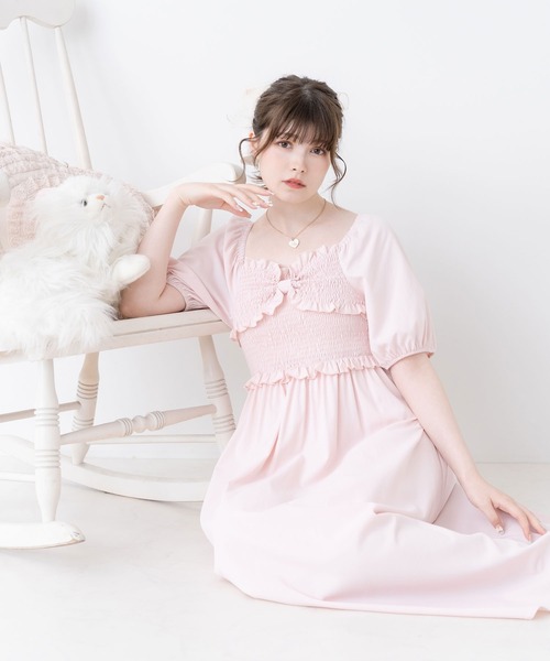 ローズリボンシフォンワンピース　ピンク シフォンローズリボンワンピース | レディースファッション通販
