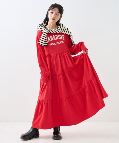 FREAK'S STORE（フリークスストア）の「ウエスト 切替 ティアード ワンピース/長袖ワンピース（ワンピース・レディース・ナチュラル/チャコールグレー/レッド・ﾌﾘ-）」の3枚目の写真