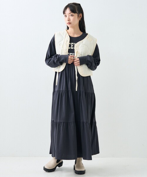 FREAK'S STORE（フリークスストア）の「ウエスト 切替 ティアード ワンピース/長袖ワンピース（ワンピース・レディース・ナチュラル/チャコールグレー/レッド・ﾌﾘ-）」の5枚目の写真