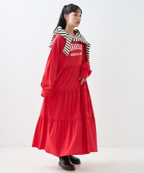 FREAK'S STORE（フリークスストア）の「ウエスト 切替 ティアード ワンピース/長袖ワンピース（ワンピース・レディース・ナチュラル/チャコールグレー/レッド・ﾌﾘ-）」の9枚目の写真