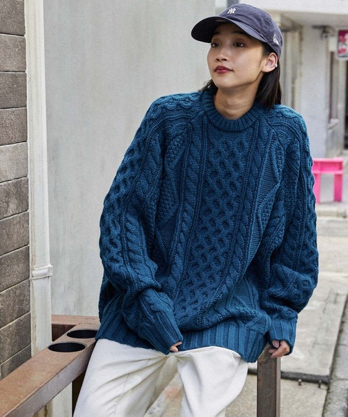 stone  ダークブルーニット ビッグシルエットフィッシャーマンケーブルウォッシャブルニット