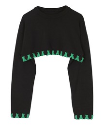 配色ステッチクロップドニットトップス