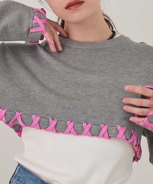 miette（ミエット）の「配色ステッチクロップドニットトップス（ニット/セーター・レディース・グレー/アイボリー/ネイビー/ブラック・FREE）」の8枚目の写真