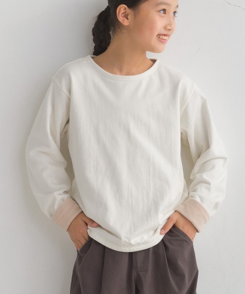 OMNES（オムネス）の「キッズ裏フリースあったか長袖Tシャツ（Tシャツ/カットソー・キッズ・ベージュ/ホワイト×ブラック/グレー×ホワイト/ホワイト・130/120/140/110/100）」の2枚目の写真