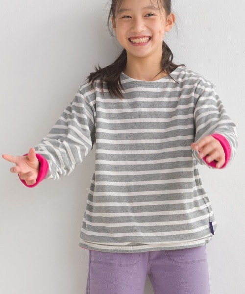 OMNES（オムネス）の「キッズ裏フリースあったか長袖Tシャツ（Tシャツ/カットソー・キッズ・ベージュ/ホワイト×ブラック/グレー×ホワイト/ホワイト・130/120/140/110/100）」の4枚目の写真