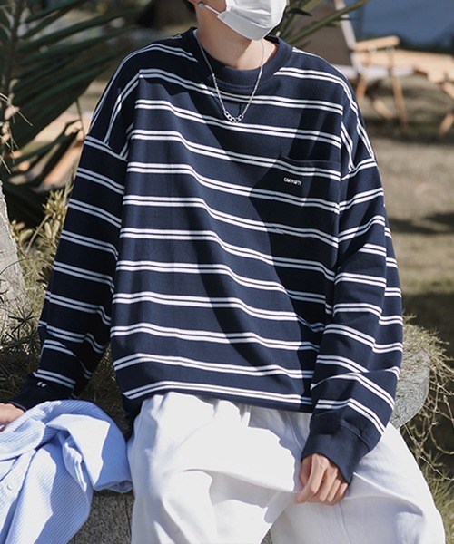 SETUP7（セットアップセブン）の「【SETUP7】ビッグシルエットワンポイントボーダー長袖Tシャツ KNF037（Tシャツ/カットソー・メンズ・ホワイト/ネイビー・M/L）」の2枚目の写真