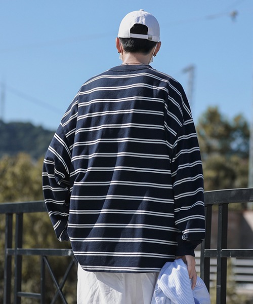 SETUP7（セットアップセブン）の「【SETUP7】ビッグシルエットワンポイントボーダー長袖Tシャツ KNF037（Tシャツ/カットソー・メンズ・ホワイト/ネイビー・M/L）」の6枚目の写真