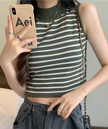 ボーダーハイネック ノースリーブTシャツ / タンクトップ