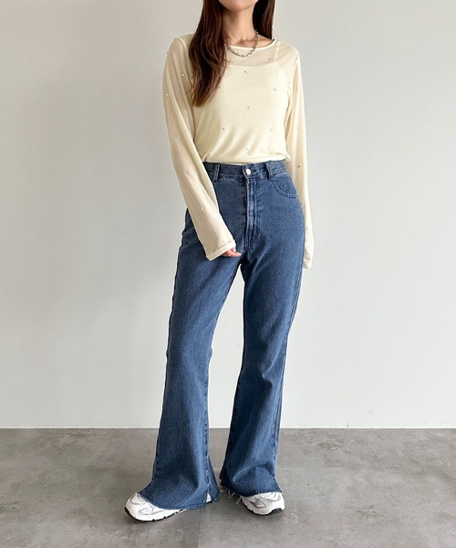 apres jour mignon(アプレジュールミニョン)の「デニムフレアパンツ【ZOZOTOWN限定アイテム】(デニムパンツ・レディース・インディゴブルー/サックスブルー/ブラック系その他・SMALL/LARGE/MEDIUM/X-LARGE)」の9枚目の写真
