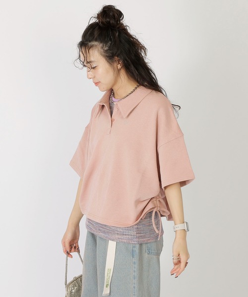 DOUBLE NAME(ダブルネーム)の「ドロストラメ5分袖プルオーバー(Tシャツ/カットソー・レディース・スミクロ/ピンク/ブルー・FREE)」の4枚目の写真
