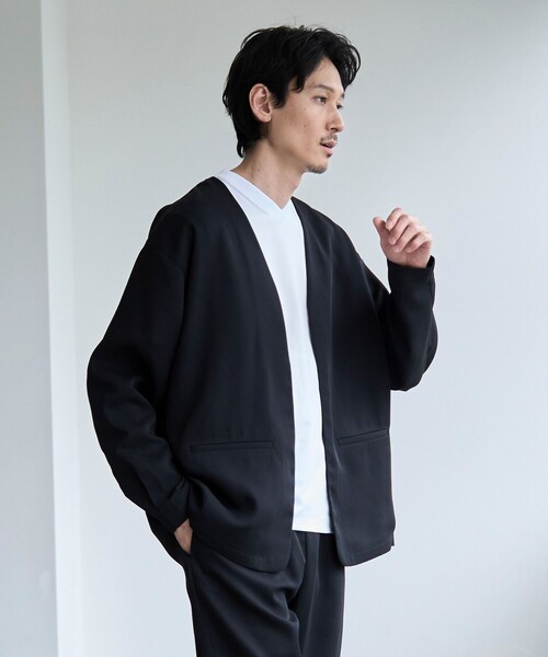 coen（コーエン）の「【RONEL】フクレ2重織ノーカラージャケット（ノーカラージャケット・メンズ・ブラック/ネイビー・L/M/S）」の3枚目の写真