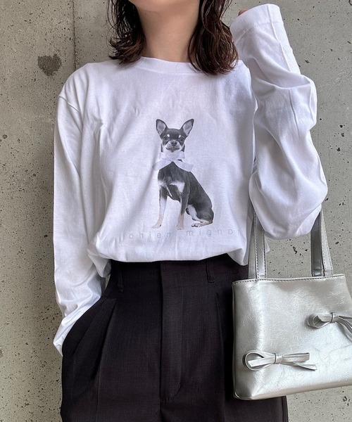 cuorequal(クオレコール)の「DOGリボンロングTシャツ(Tシャツ/カットソー・レディース・ホワイト・MEDIUM/LARGE)」の1枚目の写真
