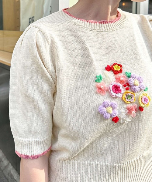 花柄刺繍　ニット　ヴィンテージ　アイボリー　A9 90's Ecuador Knit Flower Sweater エクアドル ニット お花 セーター