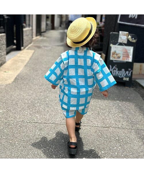 p.premier（ピードットプルミエ）の「BIG格子柄ゆったりシルエット甚平（浴衣・キッズ・ターコイズブルー/レッド/ブラック・130/120/140/110/100/90/80）」の5枚目の写真