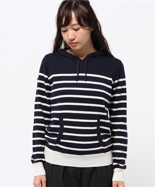 SEVENDAYS=SUNDAY（セブンデイズサンデイ）の「１２Ｇボーダーニット　長袖パーカー（ニット/セーター・レディース・オフホワイト/チャコールグレー・LARGE/MEDIUM）」の3枚目の写真