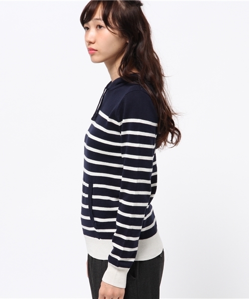 SEVENDAYS=SUNDAY（セブンデイズサンデイ）の「１２Ｇボーダーニット　長袖パーカー（ニット/セーター・レディース・オフホワイト/チャコールグレー・LARGE/MEDIUM）」の4枚目の写真