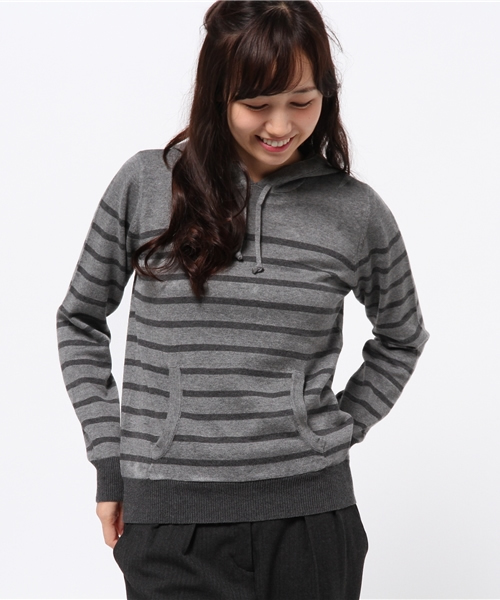 SEVENDAYS=SUNDAY（セブンデイズサンデイ）の「１２Ｇボーダーニット　長袖パーカー（ニット/セーター・レディース・オフホワイト/チャコールグレー・LARGE/MEDIUM）」の11枚目の写真