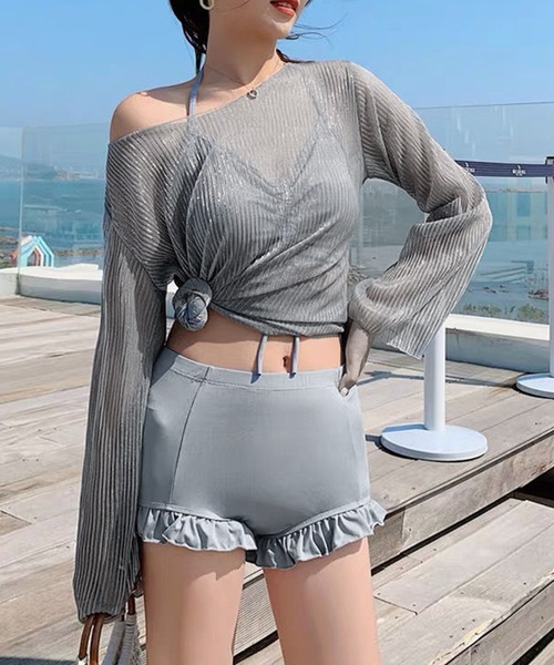 セール】【3点セット】フリル ギャザー ハイウエスト スイム