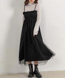 レディース 2WAY花柄×チュールシャーリングキャミソールワンピース