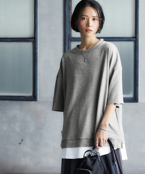 重ね着風ゆったり半袖トップス ［Soiunique］（Tシャツ