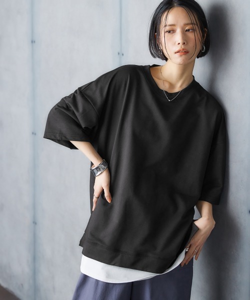 Soiunique（スワユニーク）の「重ね着風ゆったり半袖トップス ［Soiunique］（Tシャツ/カットソー・レディース・杢グレー/ブラック/オレンジ・L/LL/M）」の2枚目の写真