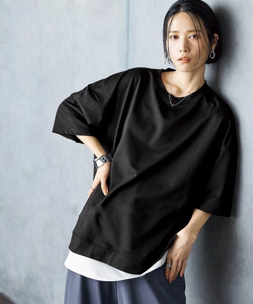 Soiunique（スワユニーク）の「重ね着風ゆったり半袖トップス ［Soiunique］（Tシャツ/カットソー・レディース・杢グレー/ブラック/オレンジ・L/LL/M）」の5枚目の写真