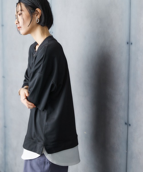 Soiunique（スワユニーク）の「重ね着風ゆったり半袖トップス ［Soiunique］（Tシャツ/カットソー・レディース・杢グレー/ブラック/オレンジ・L/LL/M）」の4枚目の写真