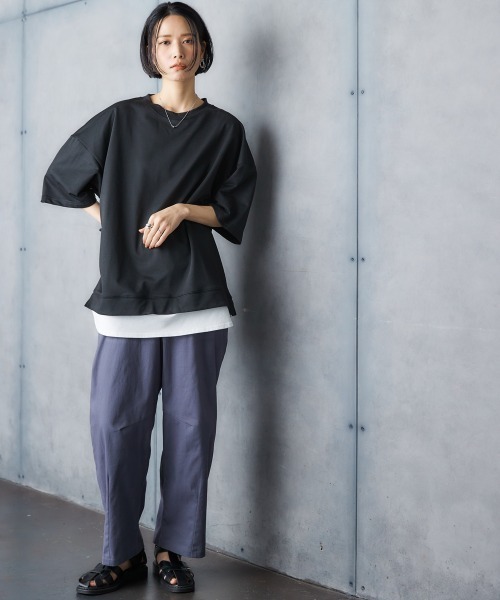 Soiunique（スワユニーク）の「重ね着風ゆったり半袖トップス ［Soiunique］（Tシャツ/カットソー・レディース・杢グレー/ブラック/オレンジ・L/LL/M）」の6枚目の写真