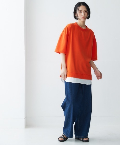 Soiunique（スワユニーク）の「重ね着風ゆったり半袖トップス ［Soiunique］（Tシャツ/カットソー・レディース・杢グレー/ブラック/オレンジ・L/LL/M）」の10枚目の写真