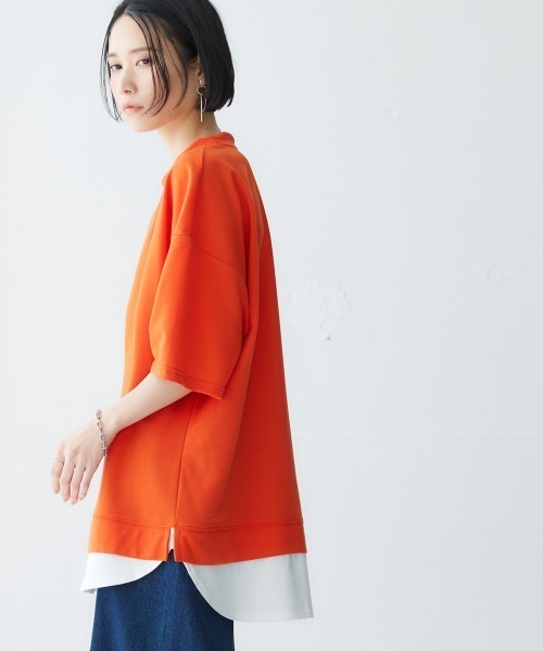 オレンジ プリーツ 半袖トップス セール】重ね着風ゆったり半袖トップス ［Soiunique］（Tシャツ