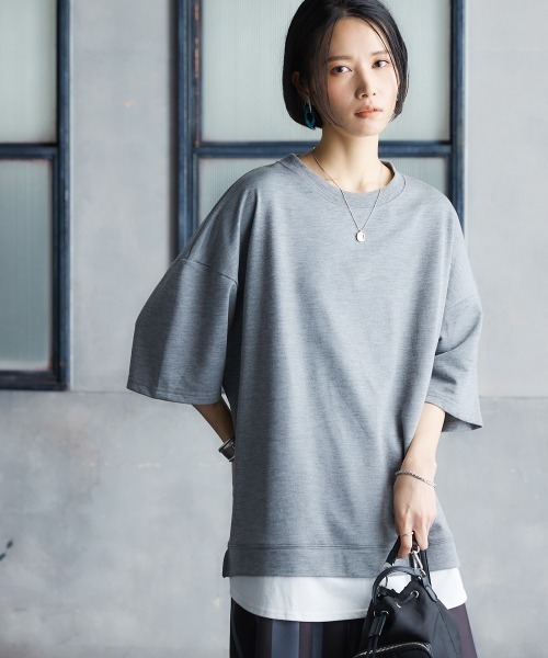 Soiunique（スワユニーク）の「重ね着風ゆったり半袖トップス ［Soiunique］（Tシャツ/カットソー・レディース・杢グレー/ブラック/オレンジ・L/LL/M）」の9枚目の写真