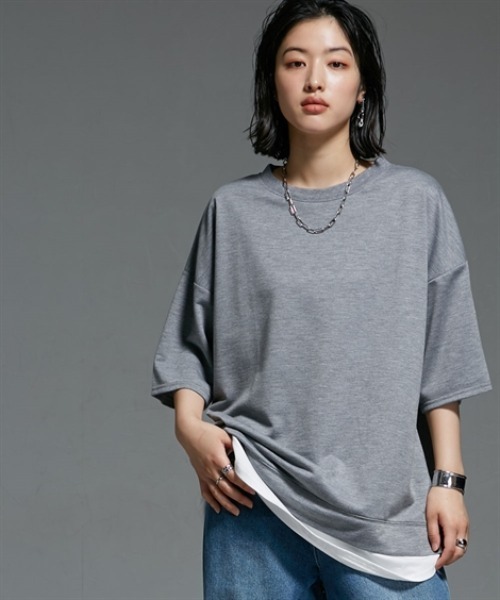 Soiunique（スワユニーク）の「重ね着風ゆったり半袖トップス ［Soiunique］（Tシャツ/カットソー・レディース・杢グレー/ブラック/オレンジ・L/LL/M）」の20枚目の写真