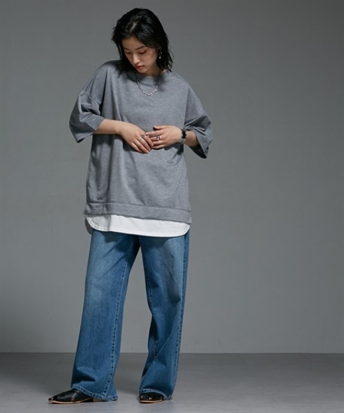 Soiunique（スワユニーク）の「重ね着風ゆったり半袖トップス ［Soiunique］（Tシャツ/カットソー・レディース・杢グレー/ブラック/オレンジ・L/LL/M）」の21枚目の写真