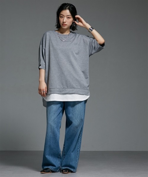 Soiunique（スワユニーク）の「重ね着風ゆったり半袖トップス ［Soiunique］（Tシャツ/カットソー・レディース・杢グレー/ブラック/オレンジ・L/LL/M）」の22枚目の写真