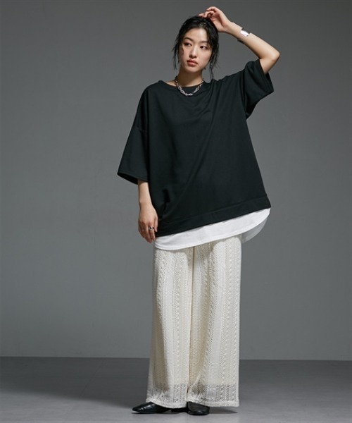 Soiunique（スワユニーク）の「重ね着風ゆったり半袖トップス ［Soiunique］（Tシャツ/カットソー・レディース・杢グレー/ブラック/オレンジ・L/LL/M）」の17枚目の写真