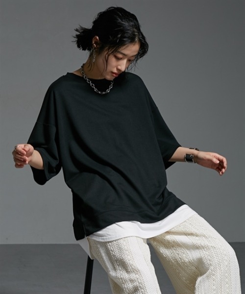 Soiunique（スワユニーク）の「重ね着風ゆったり半袖トップス ［Soiunique］（Tシャツ/カットソー・レディース・杢グレー/ブラック/オレンジ・L/LL/M）」の18枚目の写真